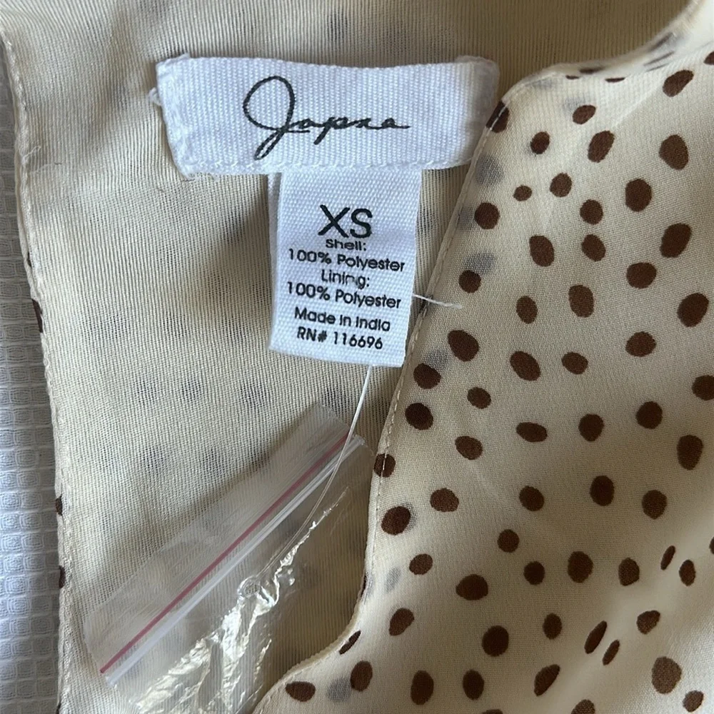 Japna Long Sleeve V-neck Polka Dot Frilly Tan &Brown Dress Size XS Tie back